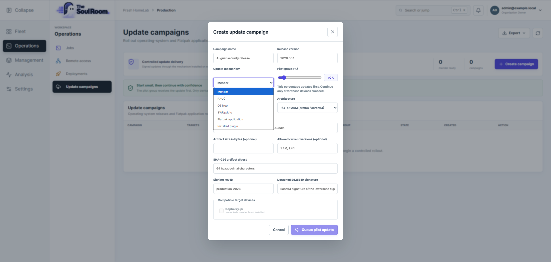 Soul Room update campaign dialog with supported OTA mechanisms